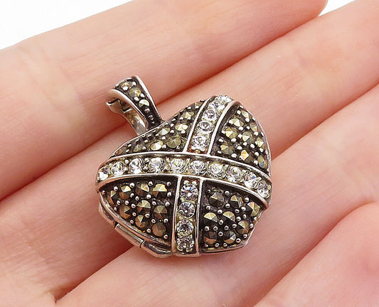 925 Silver  Vintage Cubic Zirconia & Marcasite Locket Pendant (OPENS)  PT4873