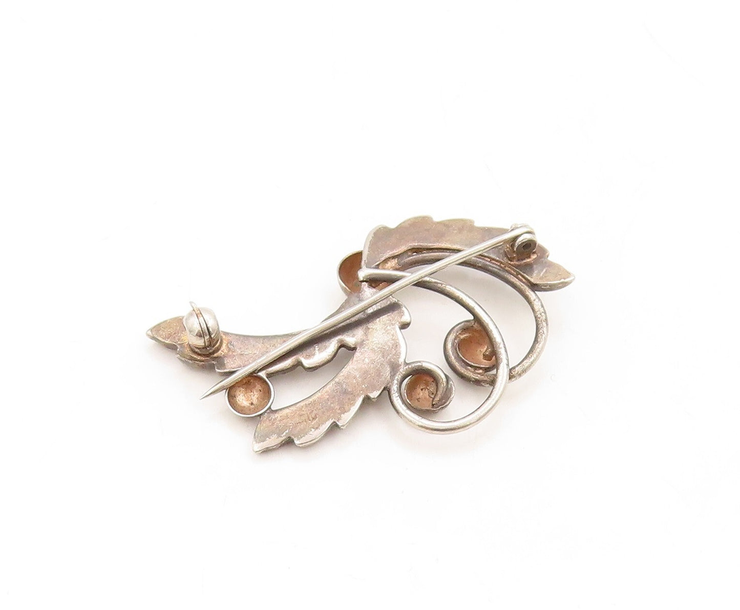 925 Sterling Silver Vintage Brooch Pin Dark Tone Peridot Floral Cutout  BP11318