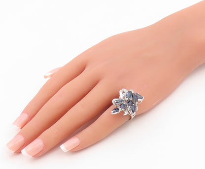 925 Sterling Silver Vintage Ring Real Diamonds & Sapphire Flower  Sz 6  RG36623
