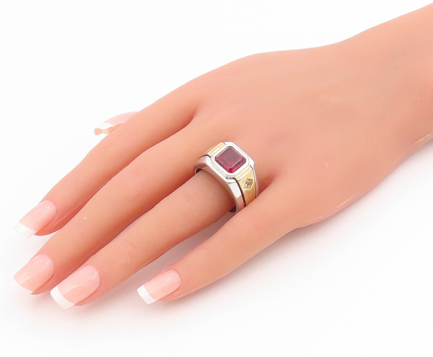 925 Sterling Silver Vintage Ring Cushion Cut CZ Two Tone Band  Sz 10.5  RG34377