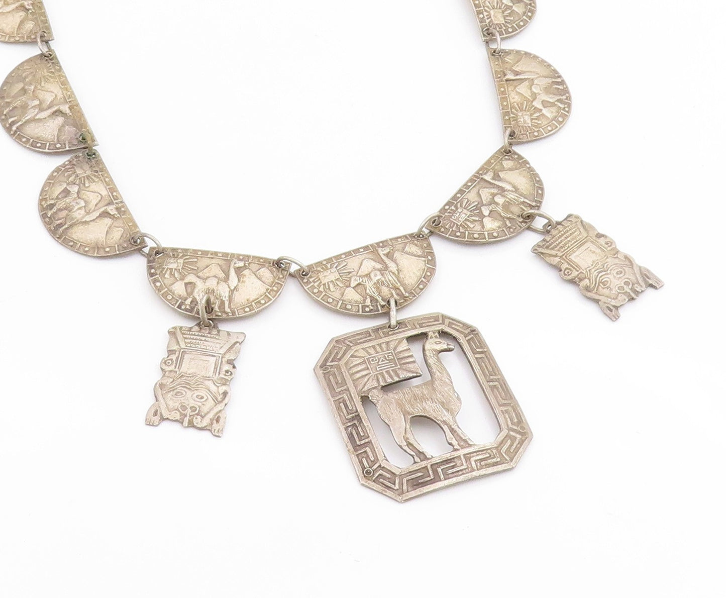 925 Sterling Silver Vintage Necklace PERU Llama & Sun Motif Panel Link  NE4873