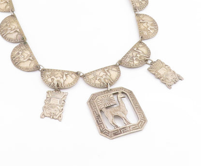925 Sterling Silver Vintage Necklace PERU Llama & Sun Motif Panel Link  NE4873