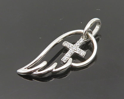925 Sterling Silver  Topaz Religious Cross Angel Wing Motif Pendant  PT14668