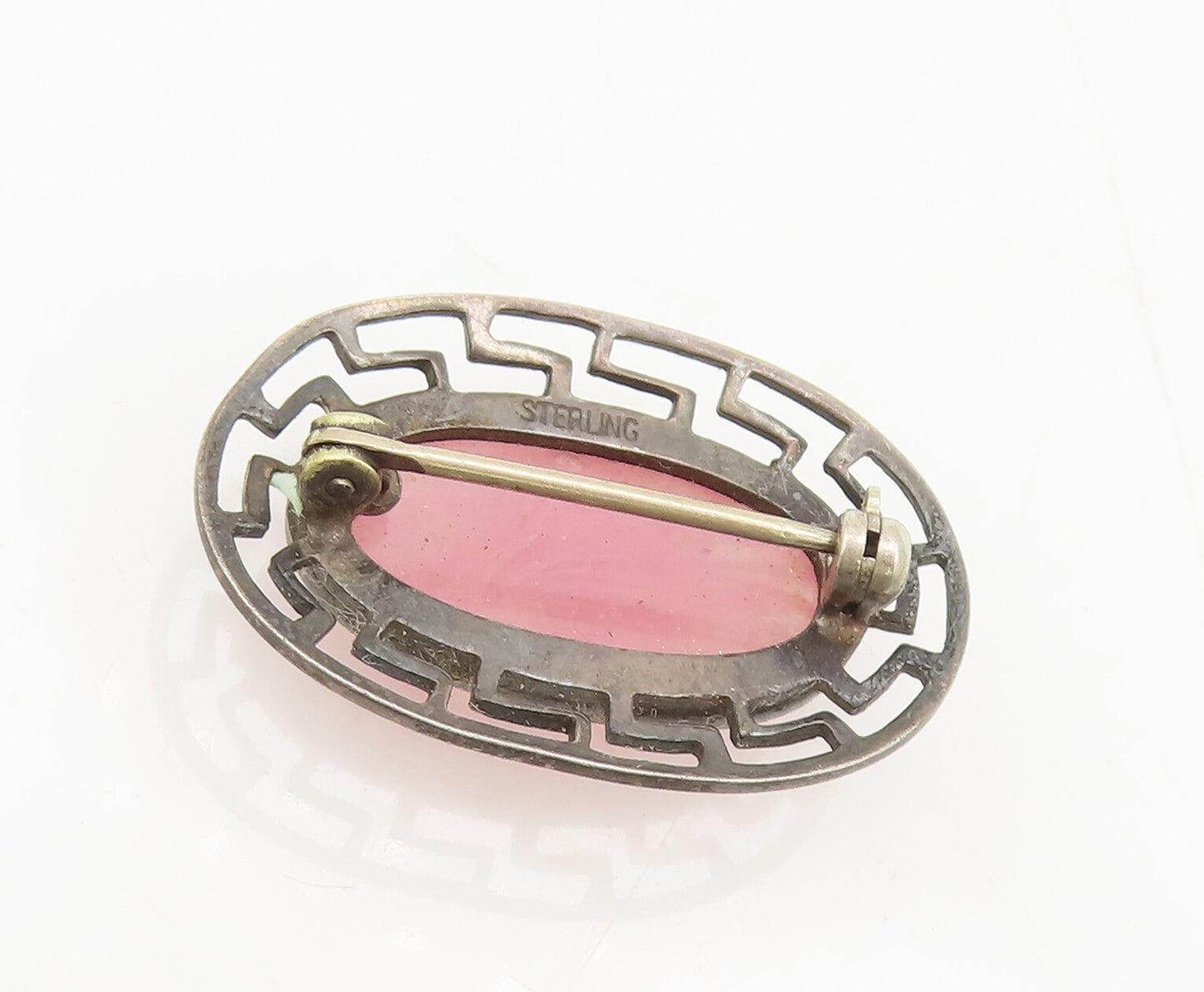 925 Sterling Silver Vintage Brooch Pin Oval Pink Quartz Halo Caved Maze  BP10626
