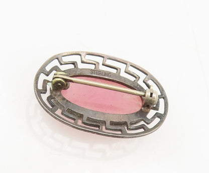 925 Sterling Silver Vintage Brooch Pin Oval Pink Quartz Halo Caved Maze  BP10626