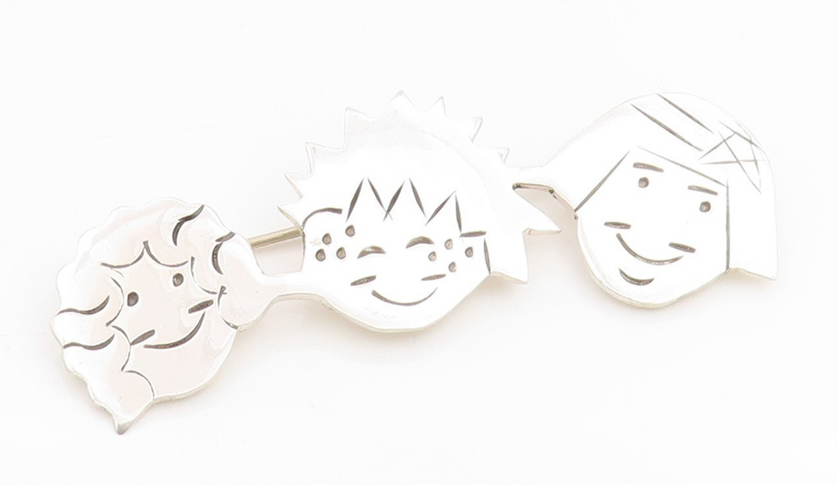 925 Sterling Silver Vintage Brooch Etched Family Ties Smiling Faces Pin  BP11992