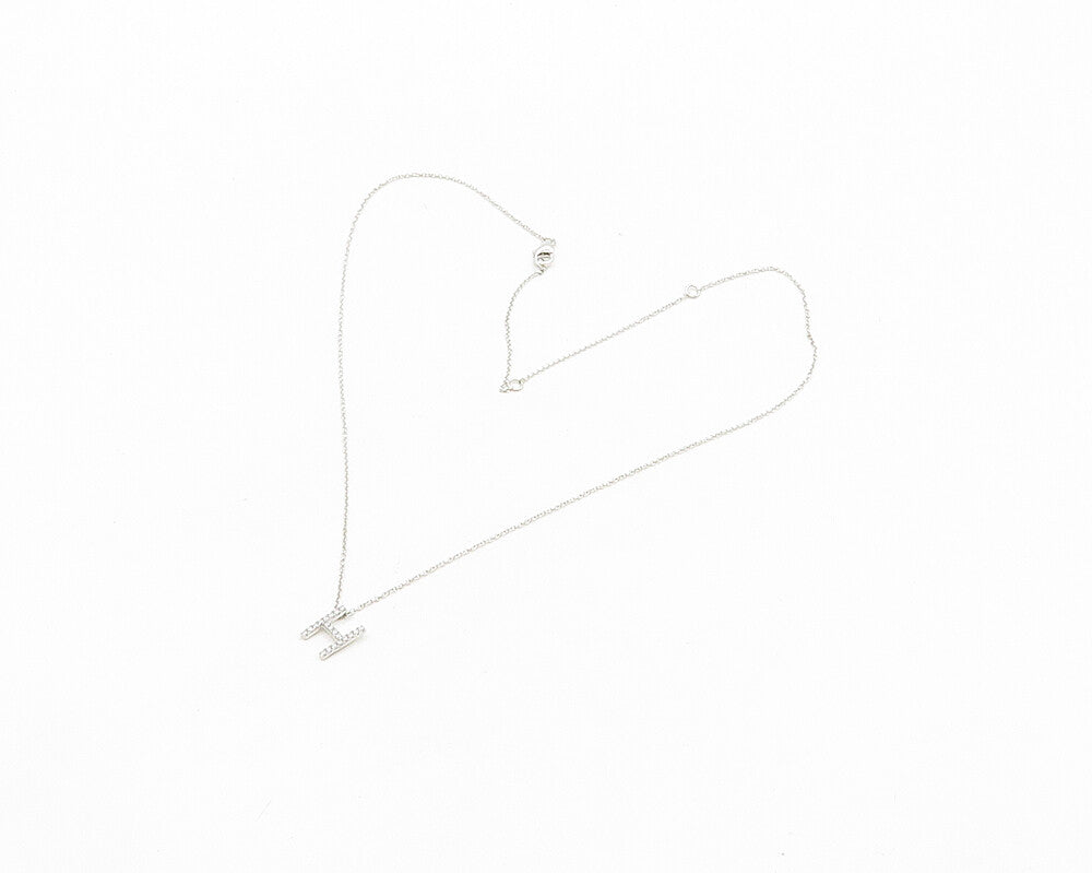 925 Sterling Silver  Shiny Cubic Zirconia H Initial Chain Necklace  NE3136