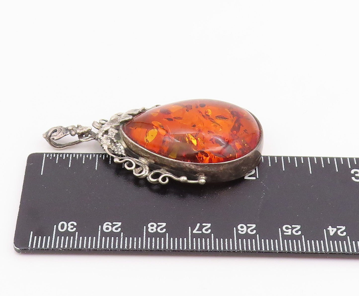 925 Sterling Silver Vintage Pendant POLAND Teardrop Amber Grape & Leaf  PT26034