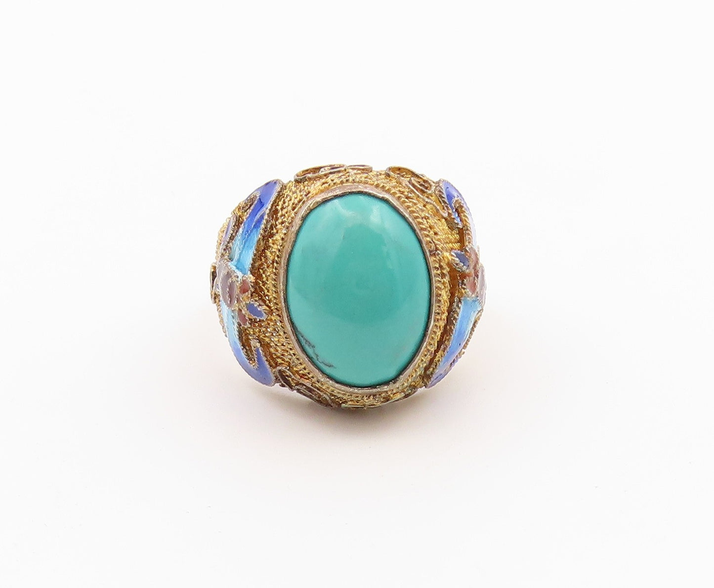 925 Sterling Silver Vintage Ring CHINESE EXPORT Turquoise Filigree Sz 8 RG36599