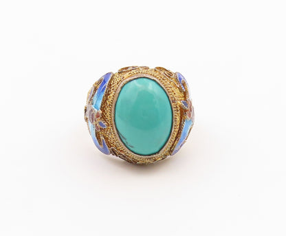 925 Sterling Silver Vintage Ring CHINESE EXPORT Turquoise Filigree Sz 8 RG36599