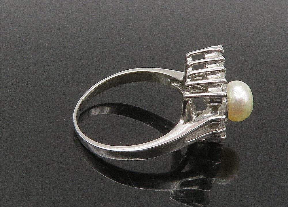925 Sterling Silver  Vintage Pearl & Cubic Zirconia Band Ring Sz 8  RG23282