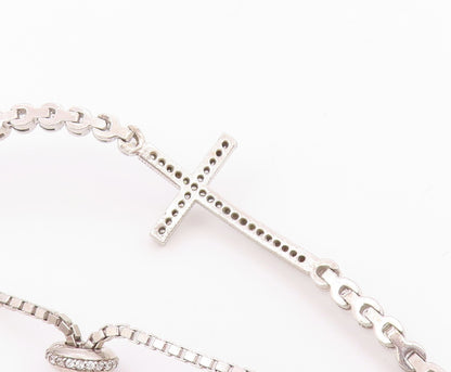925 Silver  Vintage Cubic Zirconia Religious Cross Chain Bracelet  BT8355