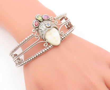 925 Sterling Silver Vintage Bracelet Garnet Peridot Amethyst Crown Face  BT10945
