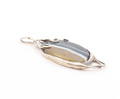 925 Sterling Silver Vintage Pendant Large Agate Modernist River Design  PT25078