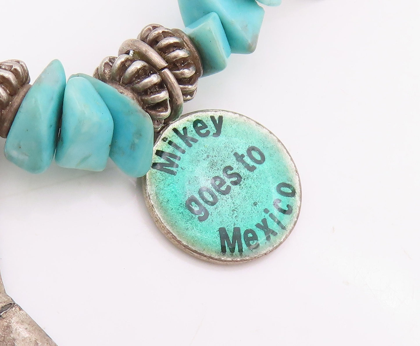 925 Sterling Silver Vintage Bracelet Beaded Turquoise With Etched Charms BT11857