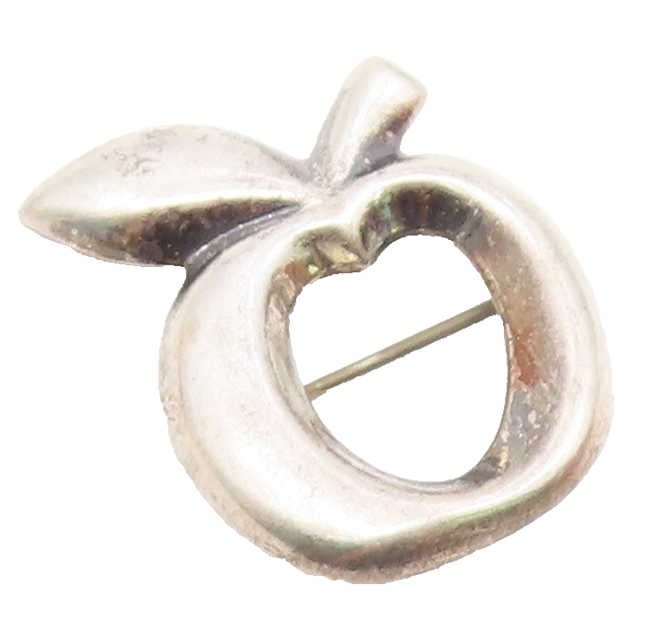 925 Sterling Silver  Vintage Sculpted Bitten Apple Brooch Pin  BP9689