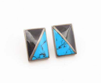 925 Sterling Silver Vintage Earrings MEXICO Turquoise & Onyx Inlay Stud  EG14154