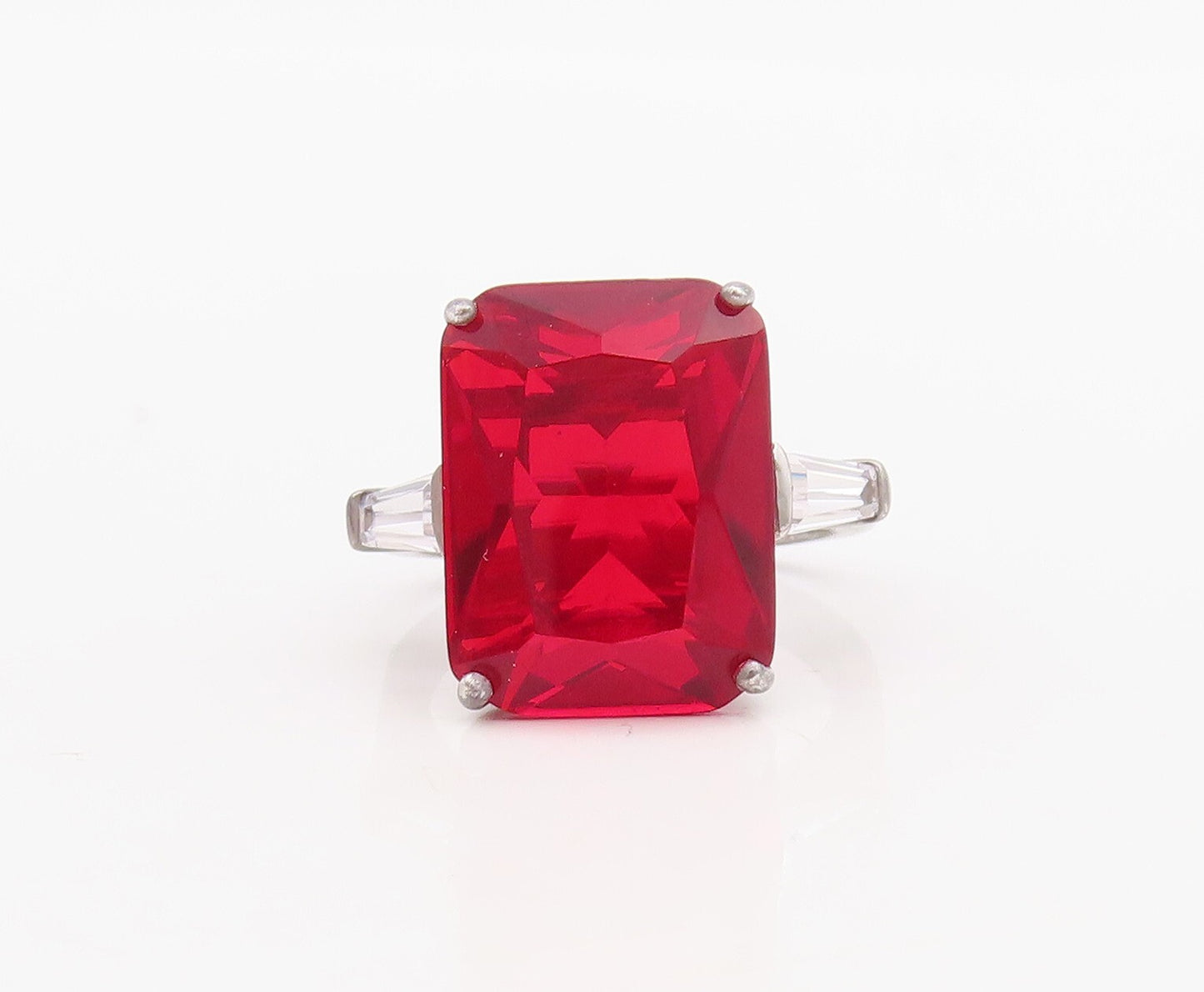 925 Sterling Silver Vintage Ring Rectangle Cut Red & White CZ  Sz 6.5  RG30046