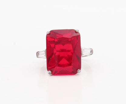 925 Sterling Silver Vintage Ring Rectangle Cut Red & White CZ  Sz 6.5  RG30046