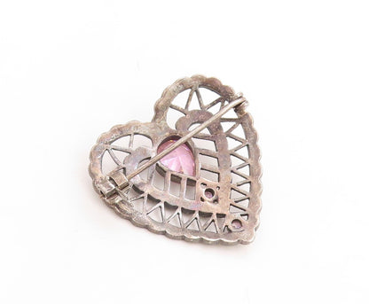 925 Sterling Silver Vintage Brooch Pin Dark Tone Designer Cut CZ Heart  BP11420