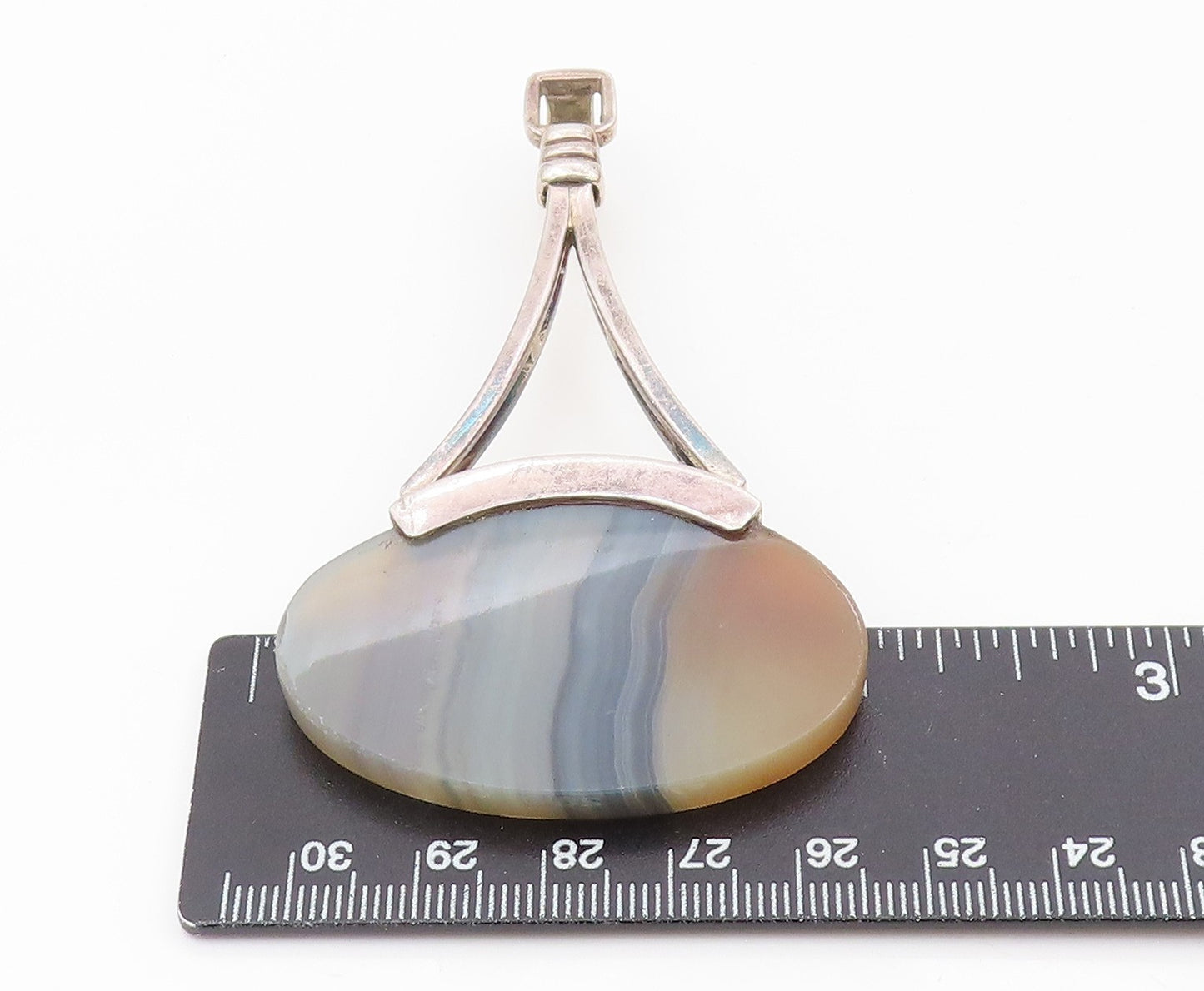 925 Sterling Silver  Vintage Open Triangle Oval Agate Pendant  PT21014