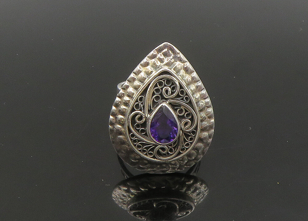 925 Sterling Silver  Vintage Tear Drop Amethyst Cocktail Ring Sz 7  RG22824