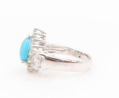 925 Sterling Silver Vintage Ring Pear Cut Turquoise Halo CZ Band  Sz 6  RG34622