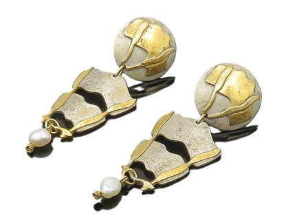 KW 925 Silver & 14K GOLD  Vintage Baroque Pearl 2 Tone Drop Earrings  EG10576