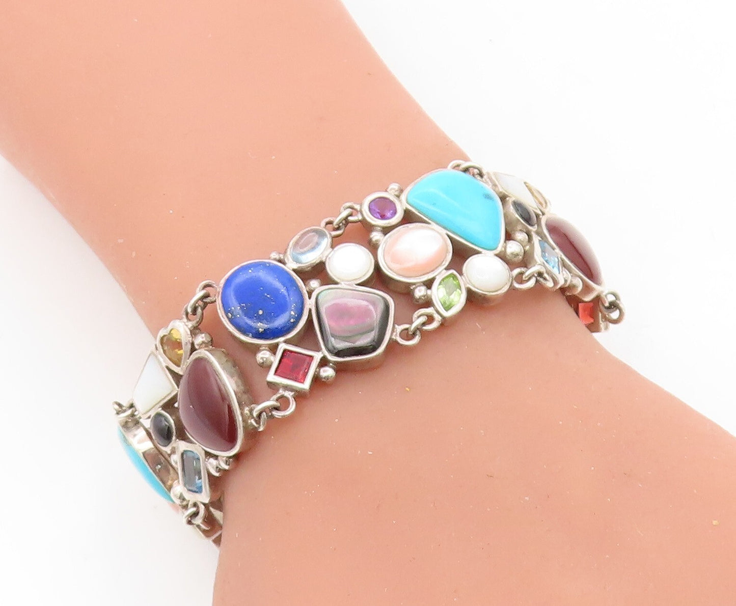 925 Sterling Silver Vintage Mother Of Pearl & Multi Stone Chain Bracelet BT3092