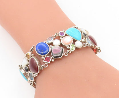 925 Sterling Silver Vintage Mother Of Pearl & Multi Stone Chain Bracelet BT3092