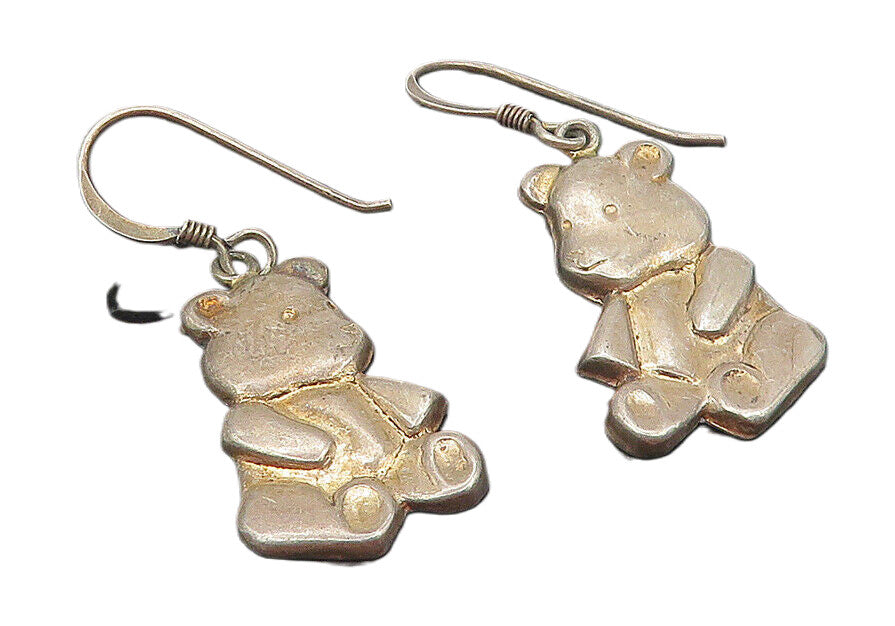 925 Sterling Silver  Vintage Dark Tone Teddy Bear Motif Drop Earrings  EG6086