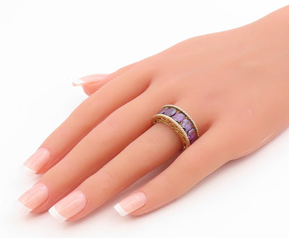 925 Sterling Silver Vintage Ring Gold Plated Oval Cut Amethyst Band Sz 7 RG35687