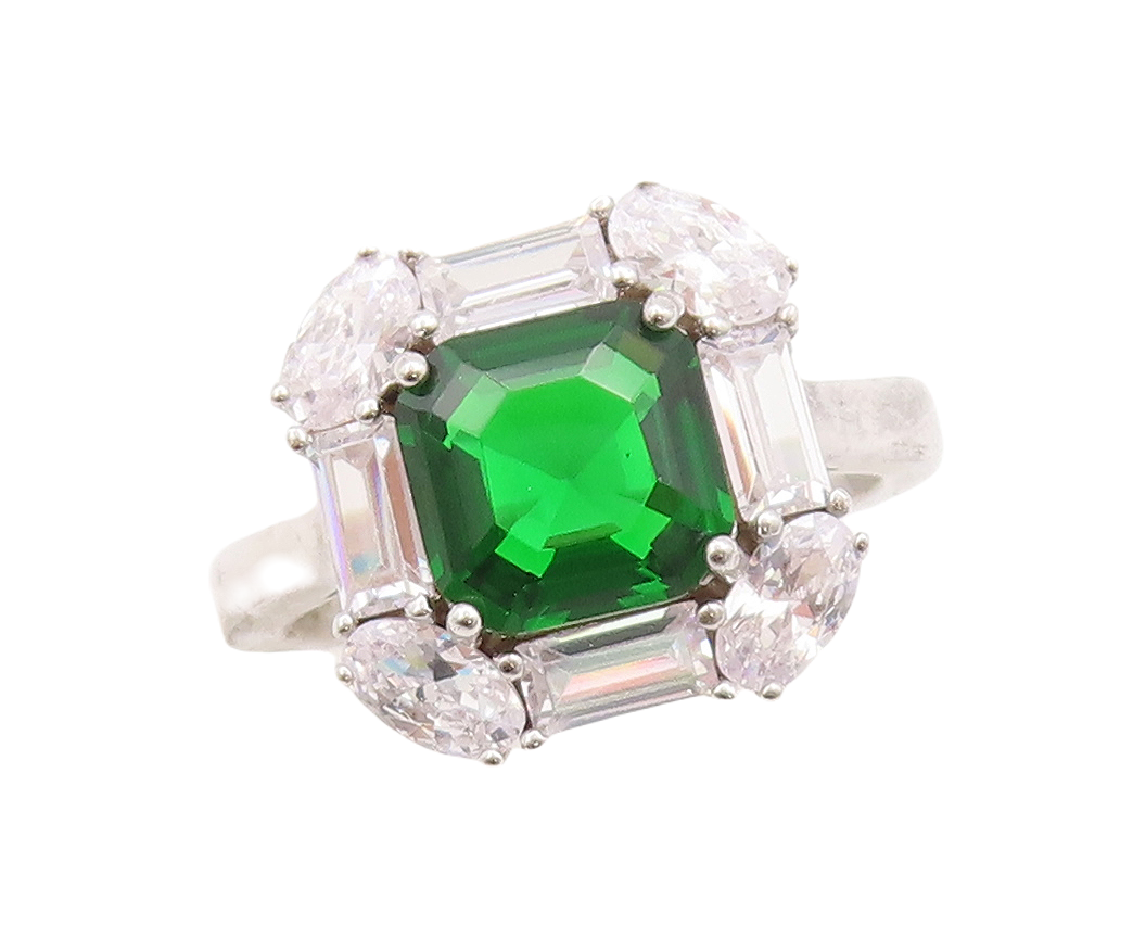 925 Sterling Silver Vintage Ring Green Square Cut Halo White Topaz  Sz 7 RG29542