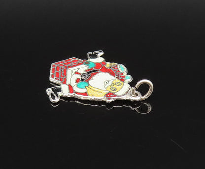 925 Sterling Silver  Vintage Enamel Santa Claus On Chimney Pendant  PT21688