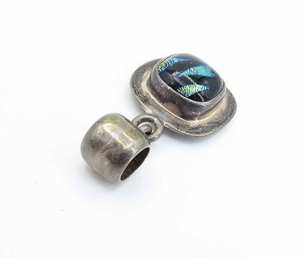 925 Sterling Silver  Vintage Enamel Glitter Art Dark Tone Drop Pendant  PT4075