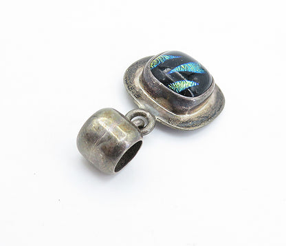 925 Sterling Silver  Vintage Enamel Glitter Art Dark Tone Drop Pendant  PT4075