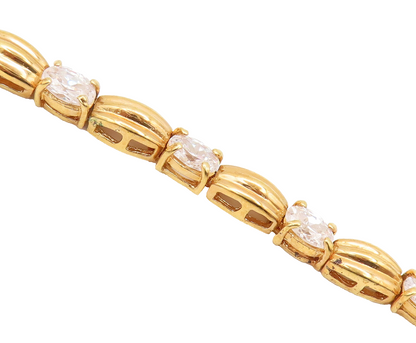 925 Sterling Silver  Vintage Gold Plated Carved CZ Tennis Bracelet  BT10123