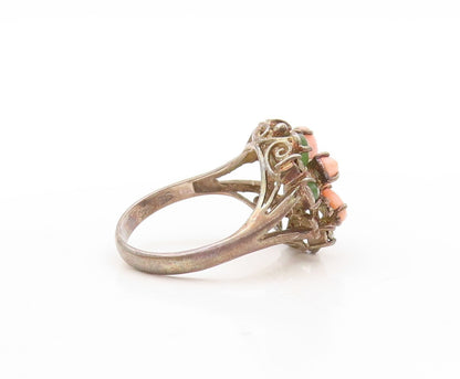 925 Sterling Silver Vintage Ring Dark Tone Floral Gemstones Inlay  Sz 7 RG31125