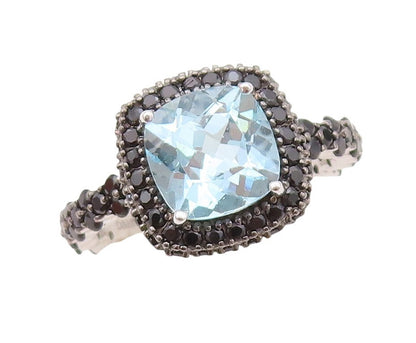 925 Sterling Silver Vintage Ring Square Blue Topaz & Spinel Inlay  Sz 7 RG30354