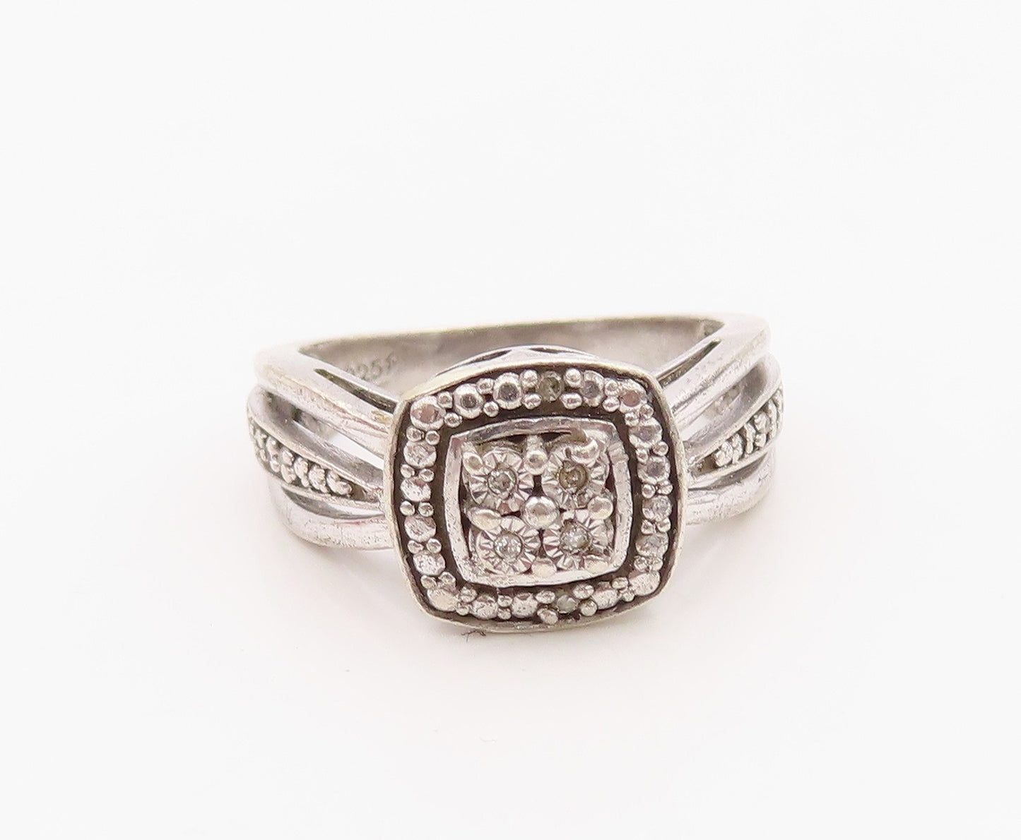 925 Sterling Silver Vintage Ring Real Diamonds Statement Band  Sz 4  RG36310