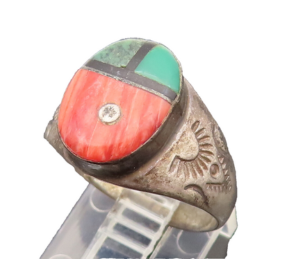 NAVAJO 925 Silver  Vintage Spiny Malachite & Jasper Ring Sz 9.5  RG26509