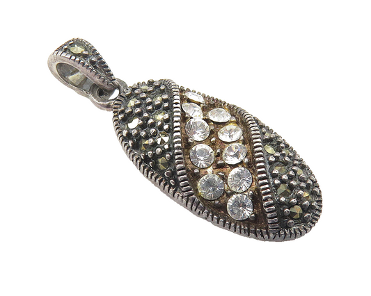 925 Sterling Silver  Vintage Cubic Zirconia & Marcasite Drop Pendant  PT8345