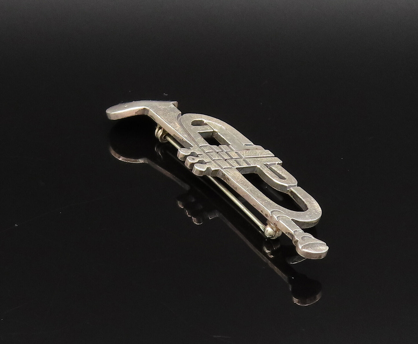 MEXICO 925 Silver  Vintage Engraved Trumpet Instrument Brooch Pin  BP9815