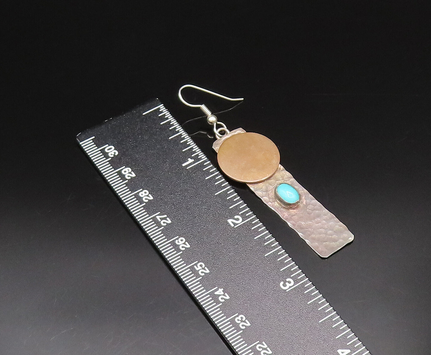 925 Silver  Vintage Round Disc & Hammered Flat Bar Turquoise Earrings  EG12230