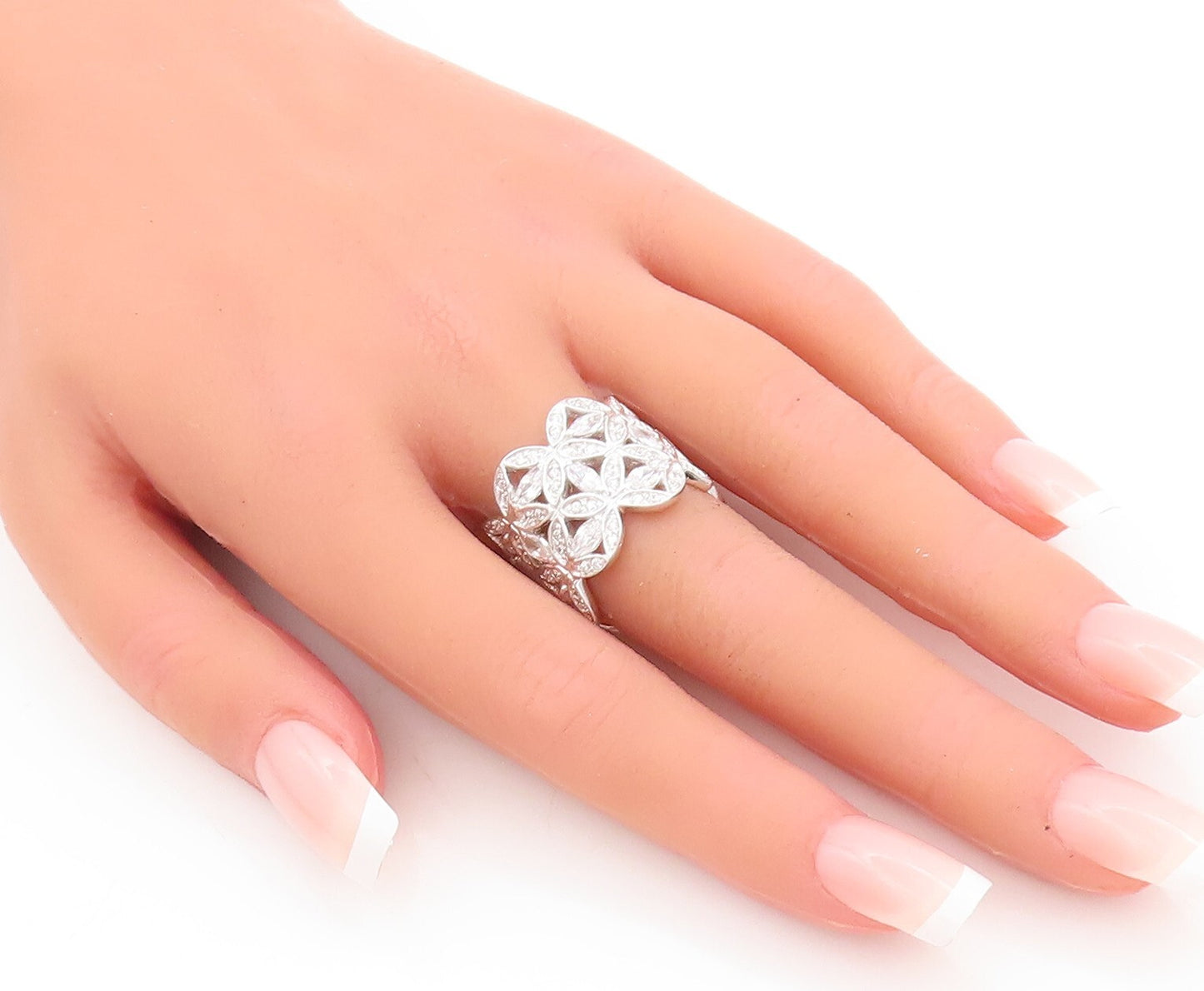 925 Sterling Silver Vintage Ring Broad Band Floral Cutout CZ Inlay Sz 7  RG29032