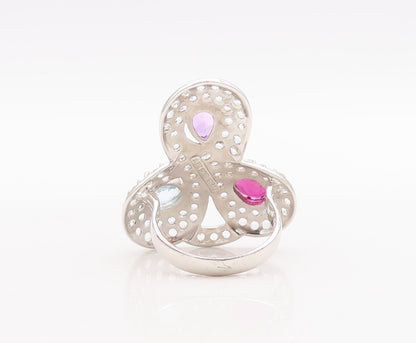 925 Sterling Silver Vintage Ring Multi Shaped Gemstone & CZ  Sz 7.5  RG29040