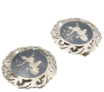 SIAM 925 Silver  Vintage Enamel Niello Dancer Non Pierce Earrings  EG5339