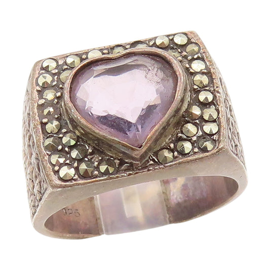 925 Sterling Silver Vintage Ring Heart Shape Amethyst & Marcasite  Sz 8  RG34333