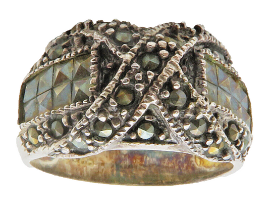 925 Sterling Silver  Vintage Marcasite Smooth Shiny Band Ring Sz 7  RG13495