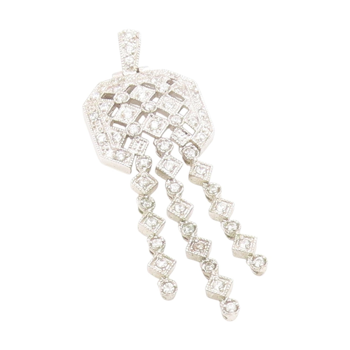 925 Sterling Silver Vintage Pendant Sparkling CZ Geometric Tassel Drop  PT25745